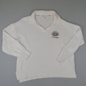 Life Is Good Daisy Collared V Neck Sweater XL Cream Ivory Coastal Preppy Spring